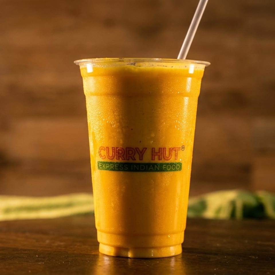 A Curry Hut mango lassi in a clear plastic cup with a straw on a wooden table.
