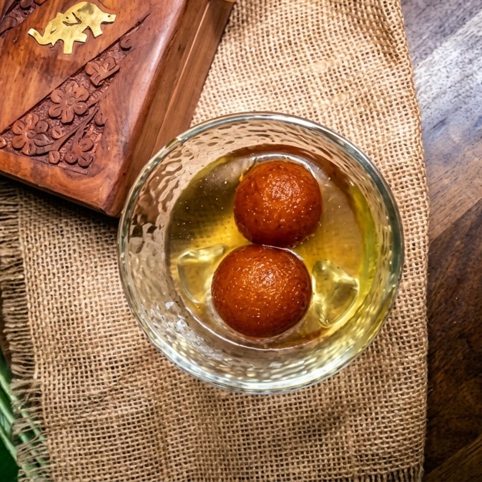 Two gulab jamun in syrup in a glass bowl, next to a carved wooden box and green leaf.