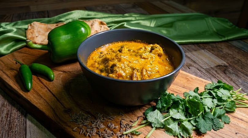 A bowl of creamy orange curry with green peppers, jalapeños, and cilantro on a wooden board.