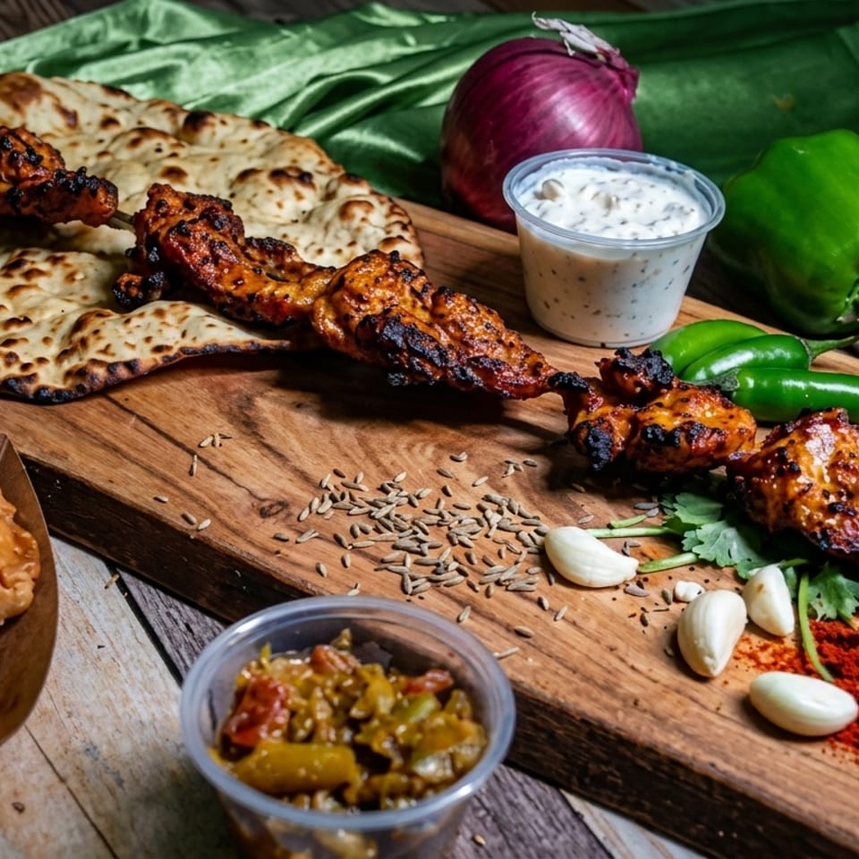 Grilled chicken skewers, naan bread, samosas, spices, and vegetables on a wooden board.