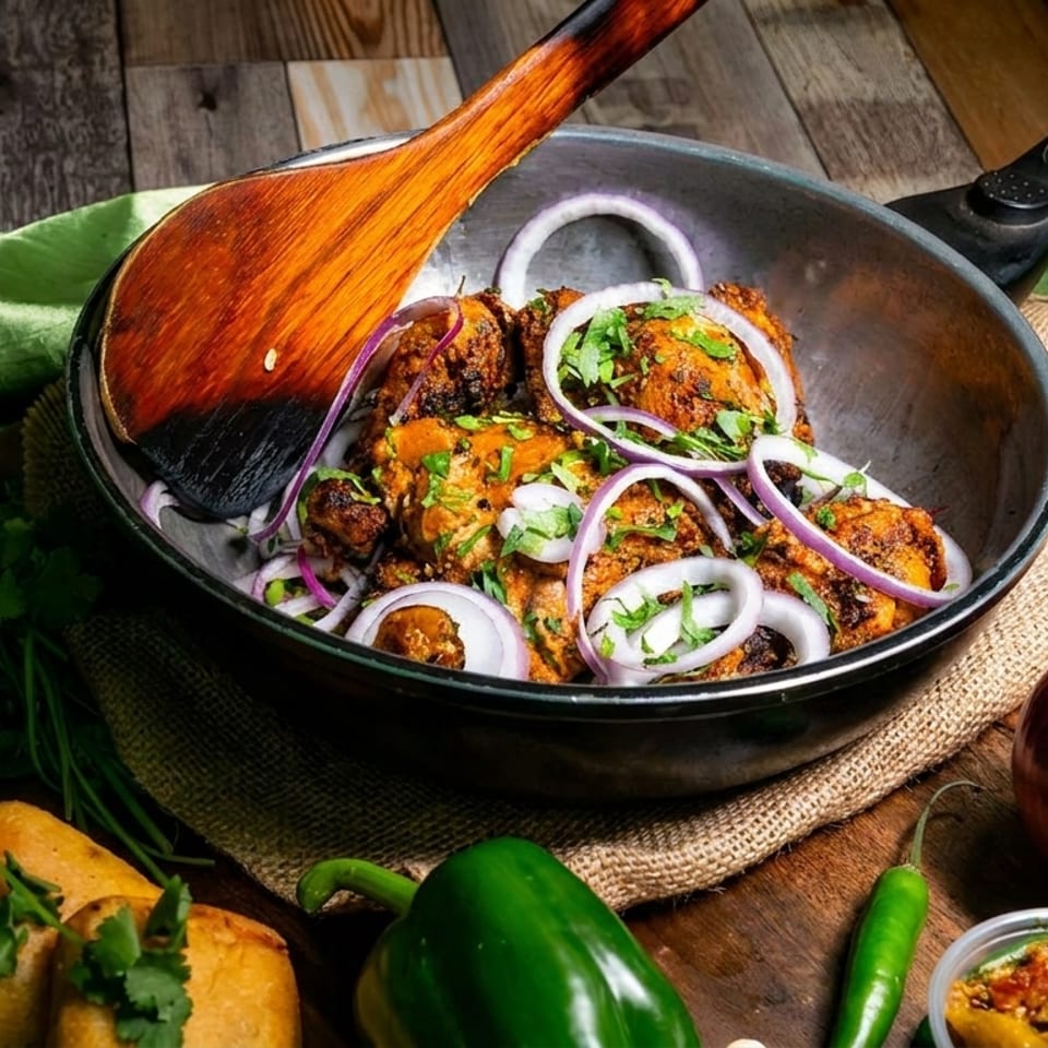 Chicken tikka in a pan with red onions and cilantro, surrounded by spices and sauces.