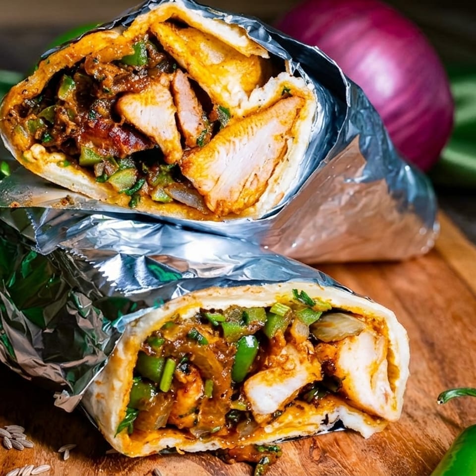Two chicken wraps, cut in half, revealing chicken, peppers, and onions, on a wooden board.