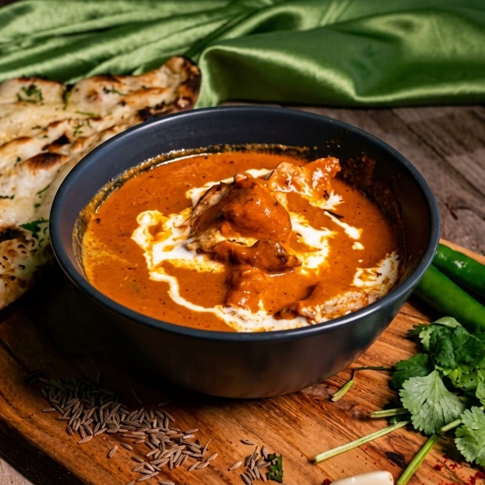 Butter chicken in a black bowl with naan bread, green chilies, and cilantro on a wooden board.