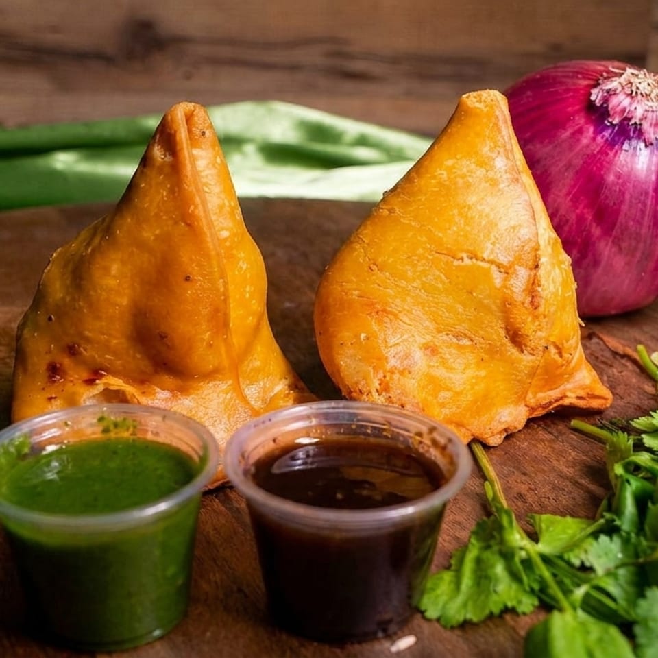 Two golden-brown samosas with green and brown dipping sauces, a red onion, and fresh cilantro.