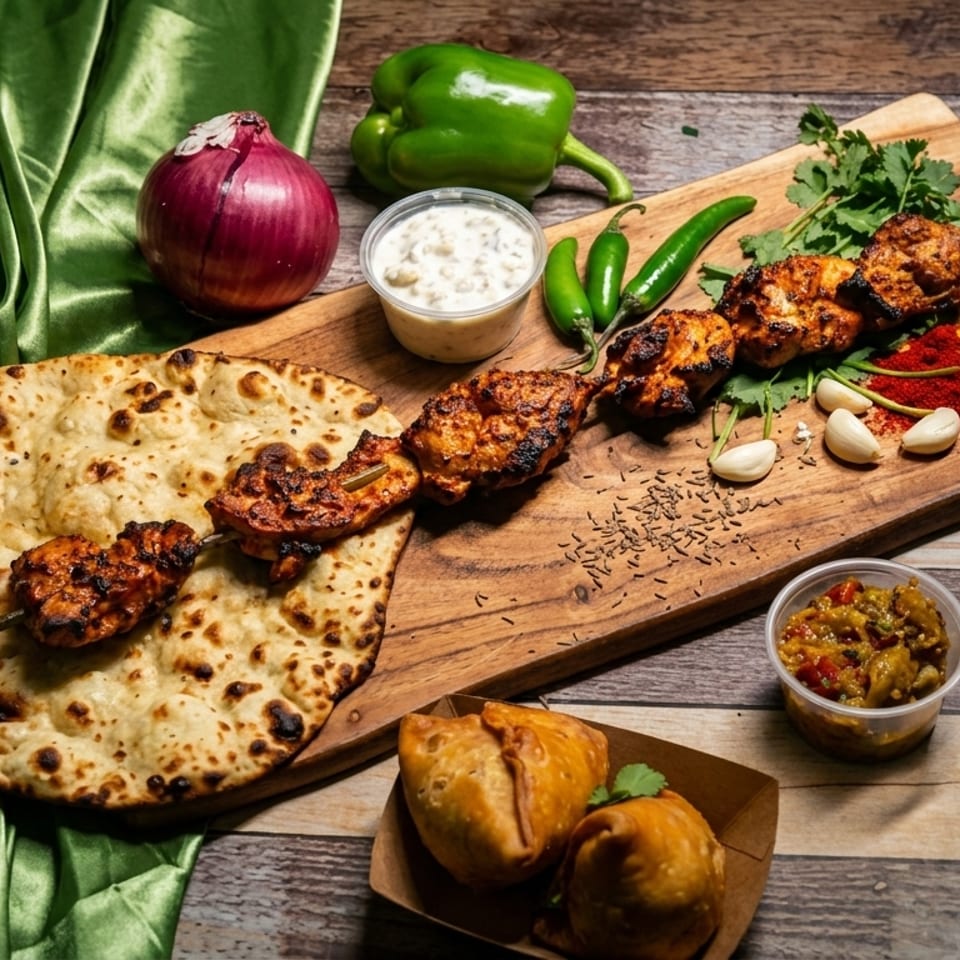 Chicken tikka skewer with naan, samosas, spices, and vegetables on a wooden board.