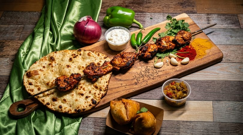 Chicken tikka skewer with naan, samosas, spices, and vegetables on a wooden board.