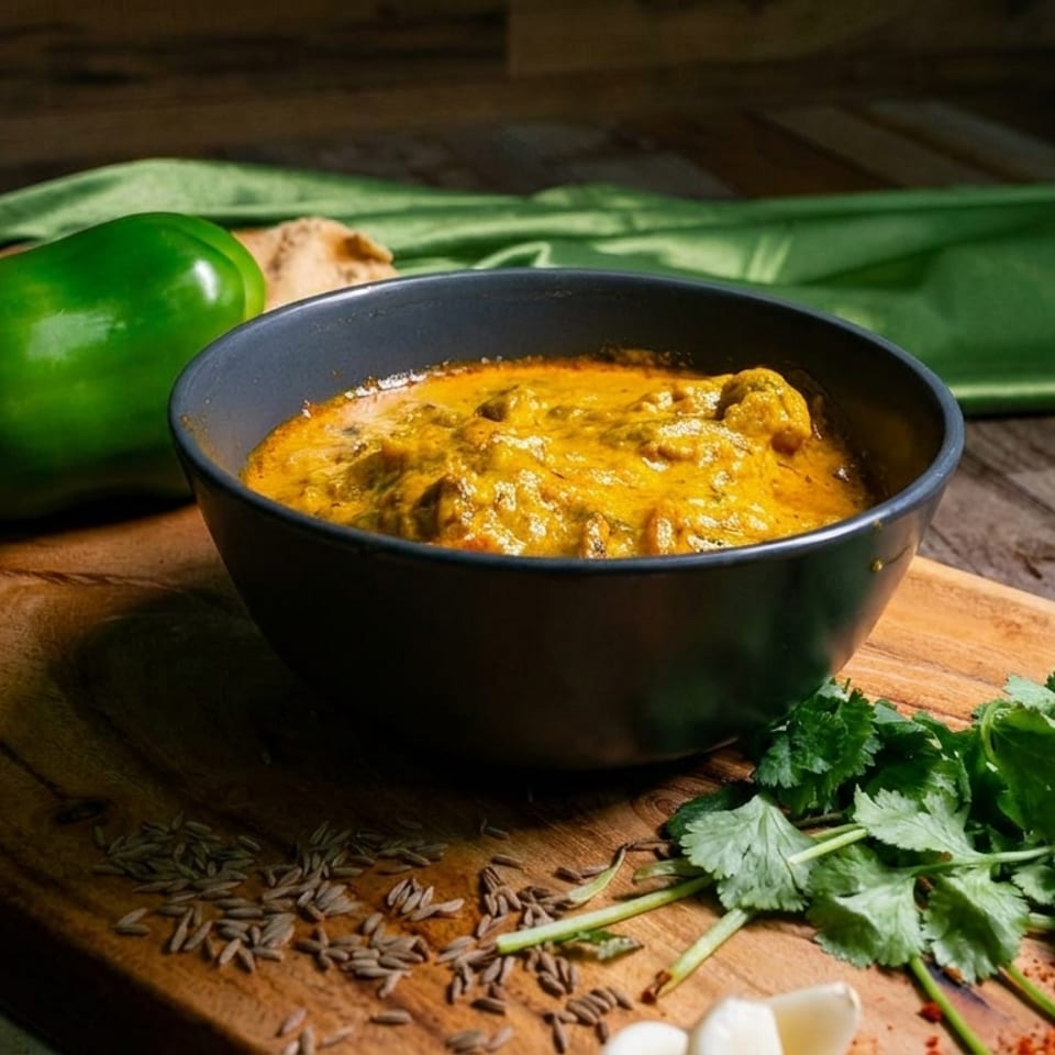 A bowl of yellow curry with green peppers, cilantro, and spices on a wooden board.