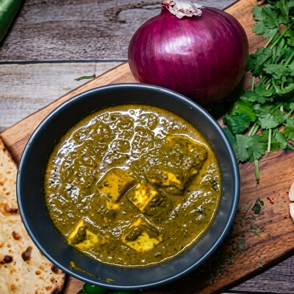 Palak Paneer with naan bread, red onion, cilantro, garlic, and spices on a wooden board.