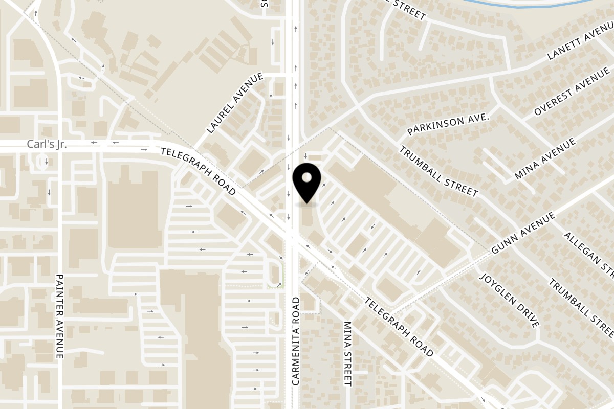 Map showing the location of Curry Hut Whittier on 10126 Carmenita Rd in Whittier